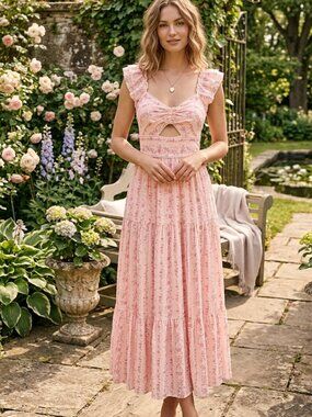 TRIXXI NWT Pink Floral Cutout Tiered Ruffle Maxi Dress Cottagecore Boho M